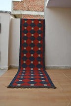Handmade Wool & Jute Kilim Runner – Red & Navy Polygon Design