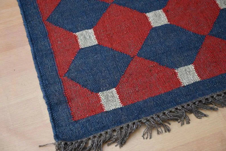 Handmade Wool & Jute Kilim Runner – Red & Navy Polygon Design