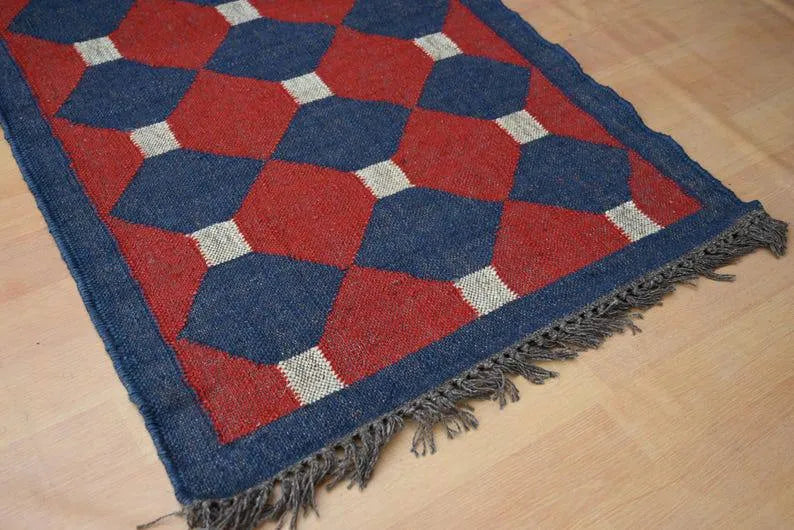 Handmade Wool & Jute Kilim Runner – Red & Navy Polygon Design