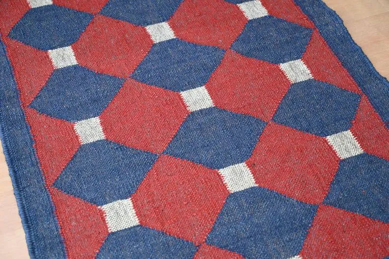 Handmade Wool & Jute Kilim Runner – Red & Navy Polygon Design
