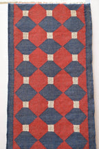 Handmade Wool & Jute Kilim Runner – Red & Navy Polygon Design