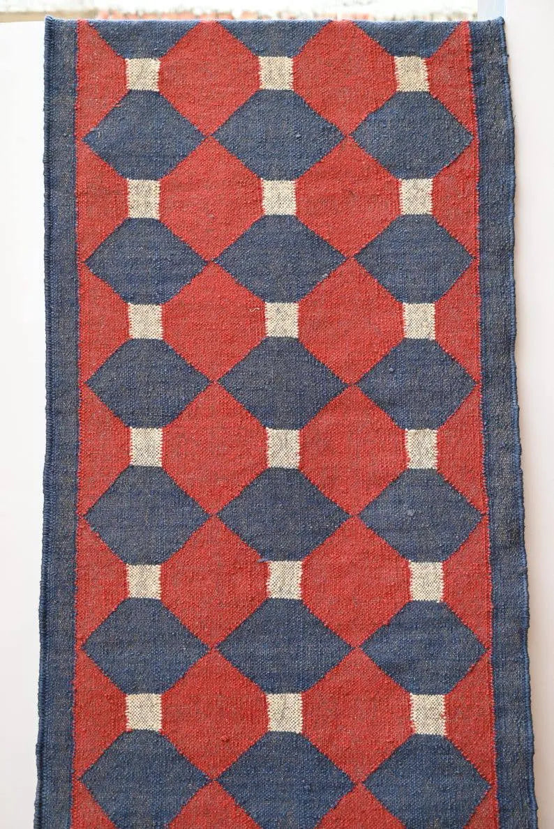 Handmade Wool & Jute Kilim Runner – Red & Navy Polygon Design