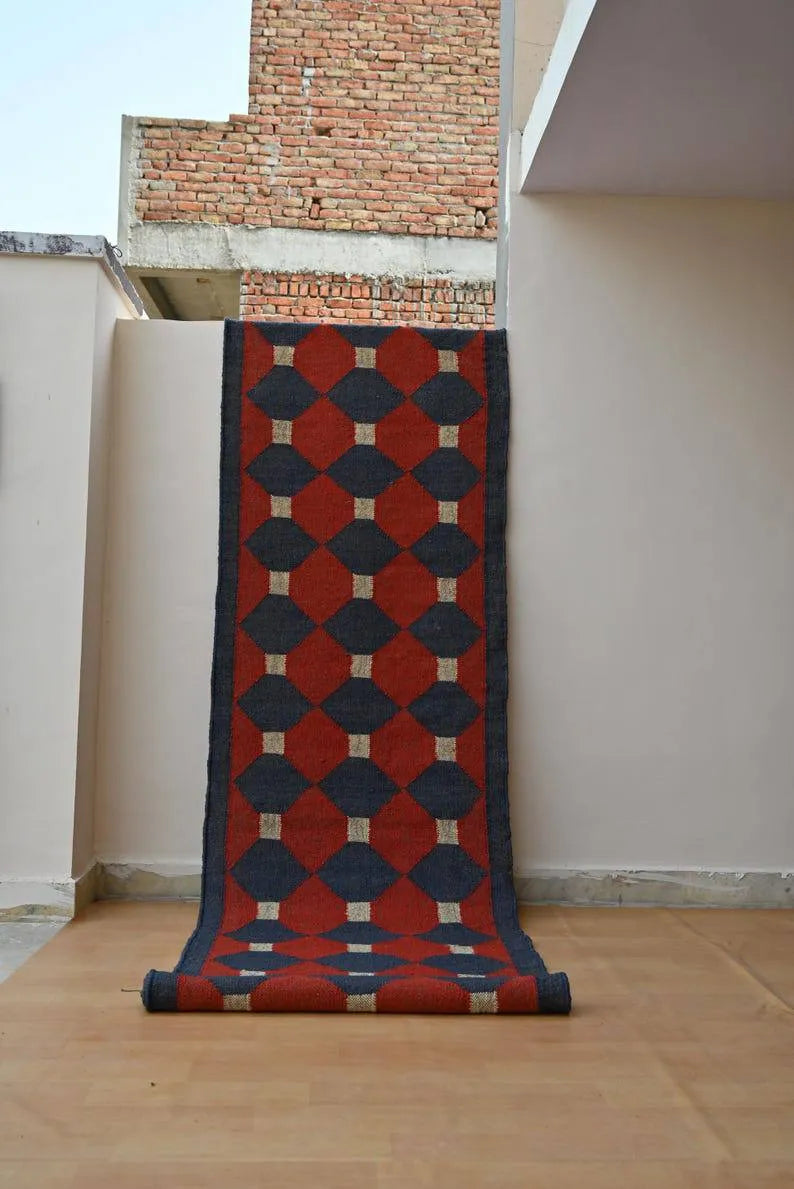 Handmade Wool & Jute Kilim Runner – Red & Navy Polygon Design