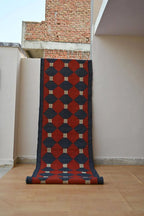 Handmade Wool & Jute Kilim Runner – Red & Navy Polygon Design