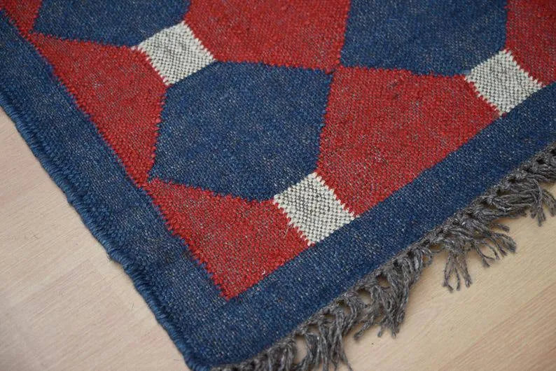 Handmade Wool & Jute Kilim Runner – Red & Navy Polygon Design