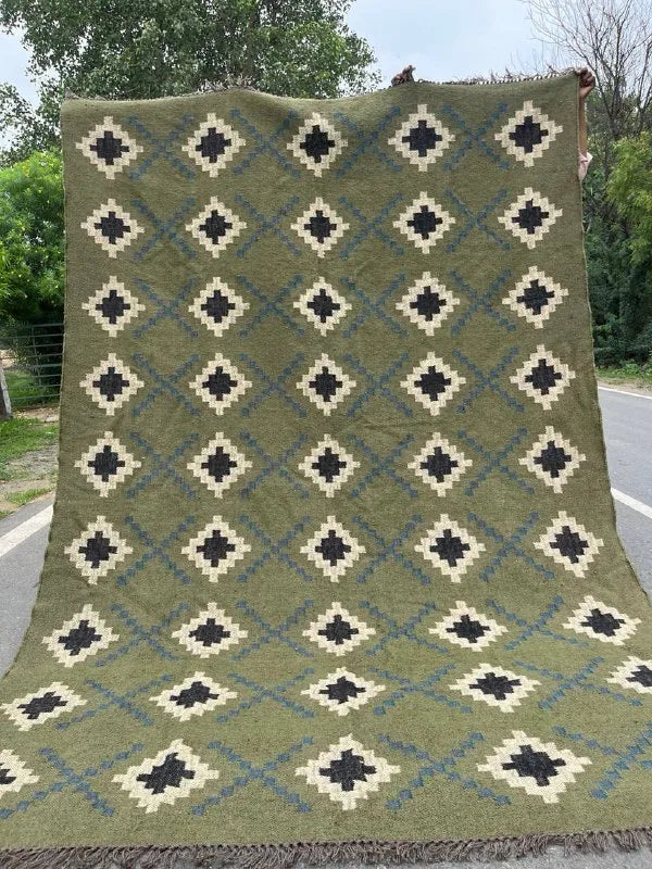 Houtskool Juweelkleurige Kilim Dhurrie – Handgeweefde Wol Jute Pronkmat
