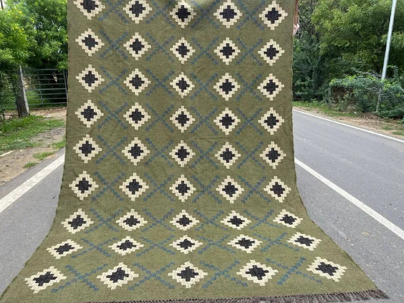 Houtskool Juweelkleurige Kilim Dhurrie – Handgeweefde Wol Jute Pronkmat