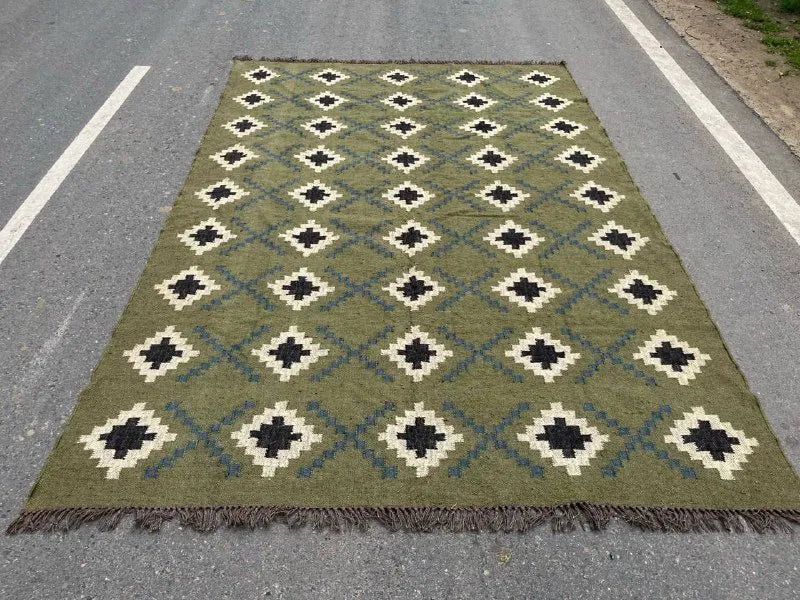 Houtskool Juweelkleurige Kilim Dhurrie – Handgeweefde Wol Jute Pronkmat