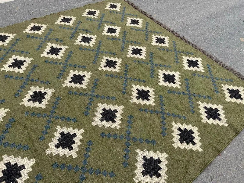 Houtskool Juweelkleurige Kilim Dhurrie – Handgeweefde Wol Jute Pronkmat