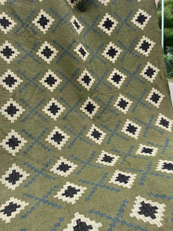 Houtskool Juweelkleurige Kilim Dhurrie – Handgeweefde Wol Jute Pronkmat