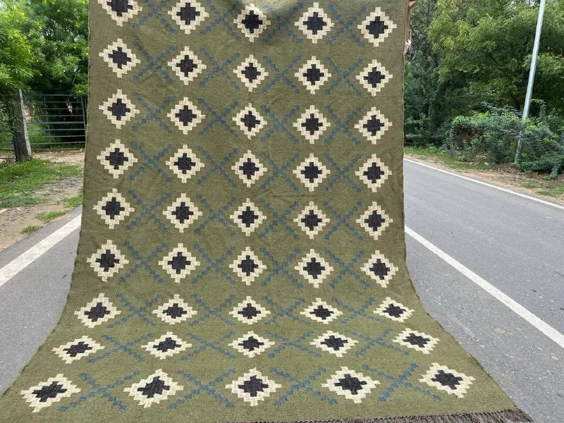 Houtskool Juweelkleurige Kilim Dhurrie – Handgeweefde Wol Jute Pronkmat