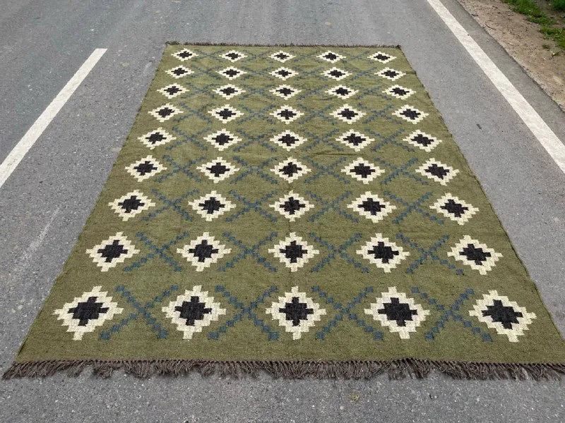 Houtskool Juweelkleurige Kilim Dhurrie – Handgeweefde Wol Jute Pronkmat