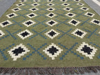 Houtskool Juweelkleurige Kilim Dhurrie – Handgeweefde Wol Jute Pronkmat