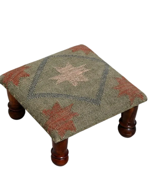 Small Boho Ottoman – Olive Tribal Kilim Footrest with Turned Wooden Legs