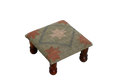Klein Boho-Ottoman – Olyfgroen Stam Kilim Voetbankie met Gedraaide Houtpote