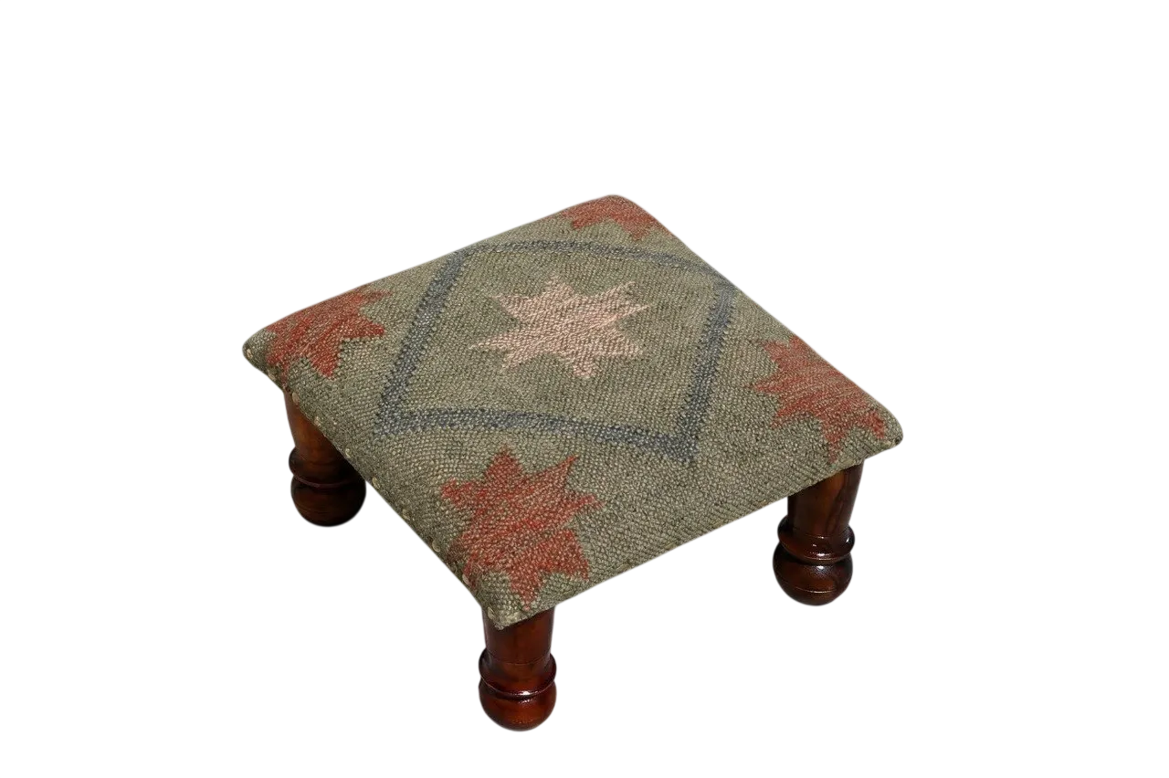 Small Boho Ottoman – Olive Tribal Kilim Footrest with Turned Wooden Legs