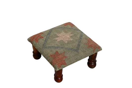 Small Boho Ottoman – Olive Tribal Kilim Footrest with Turned Wooden Legs