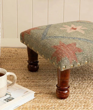 Small Boho Ottoman – Olive Tribal Kilim Footrest with Turned Wooden Legs