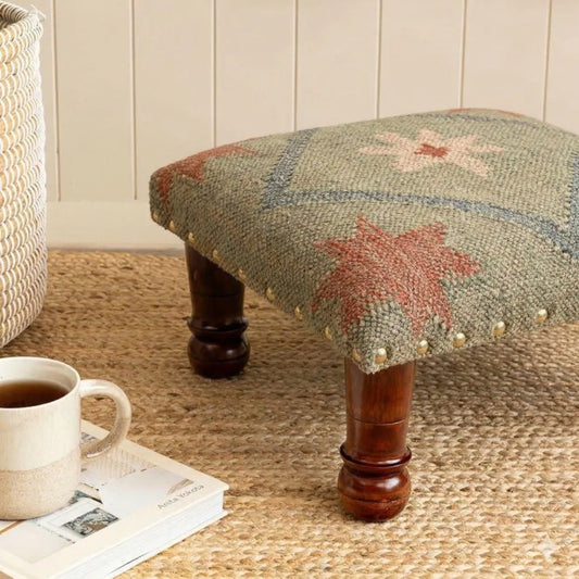 Small Boho Ottoman – Olive Tribal Kilim Footrest with Turned Wooden Legs