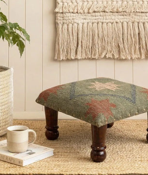 Small Boho Ottoman – Olive Tribal Kilim Footrest with Turned Wooden Legs