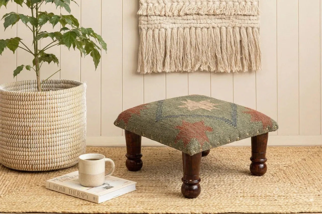 Small Boho Ottoman – Olive Tribal Kilim Footrest with Turned Wooden Legs