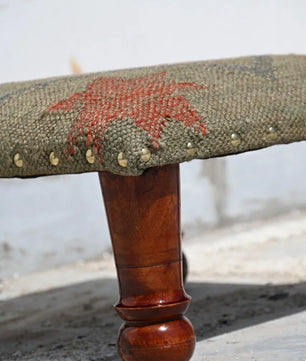 Small Boho Ottoman – Olive Tribal Kilim Footrest with Turned Wooden Legs