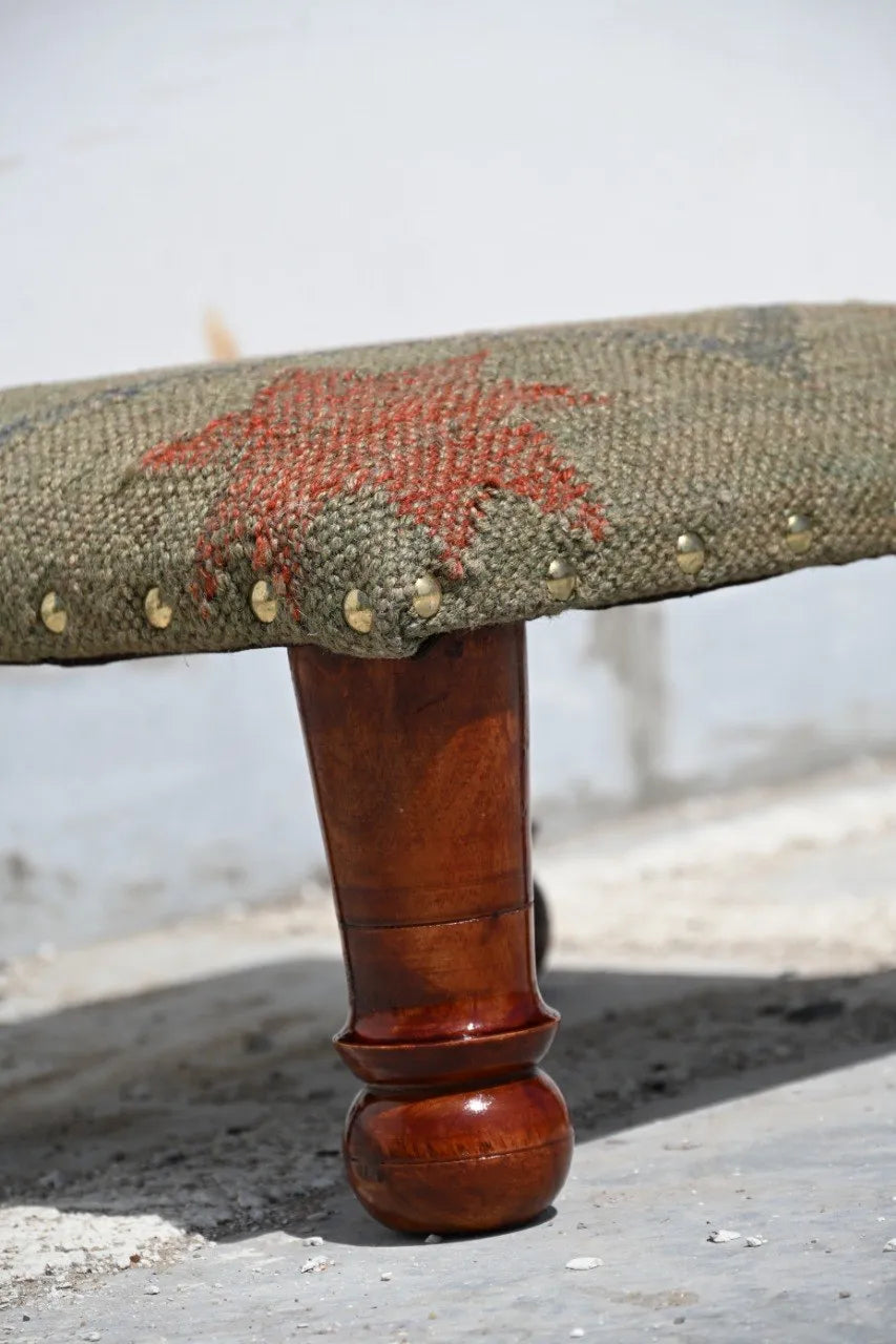 Small Boho Ottoman – Olive Tribal Kilim Footrest with Turned Wooden Legs