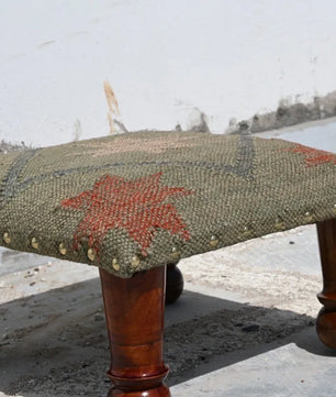 Small Boho Ottoman – Olive Tribal Kilim Footrest with Turned Wooden Legs