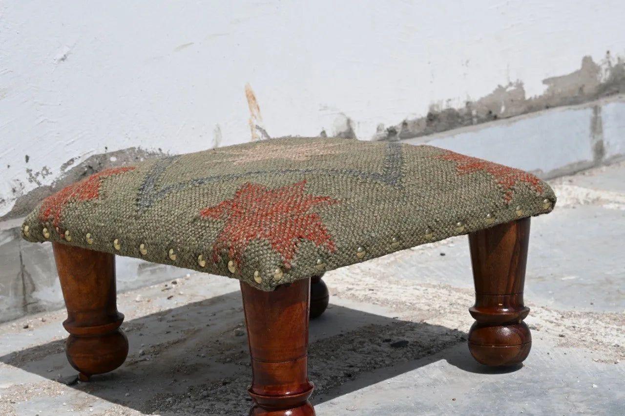 Small Boho Ottoman – Olive Tribal Kilim Footrest with Turned Wooden Legs