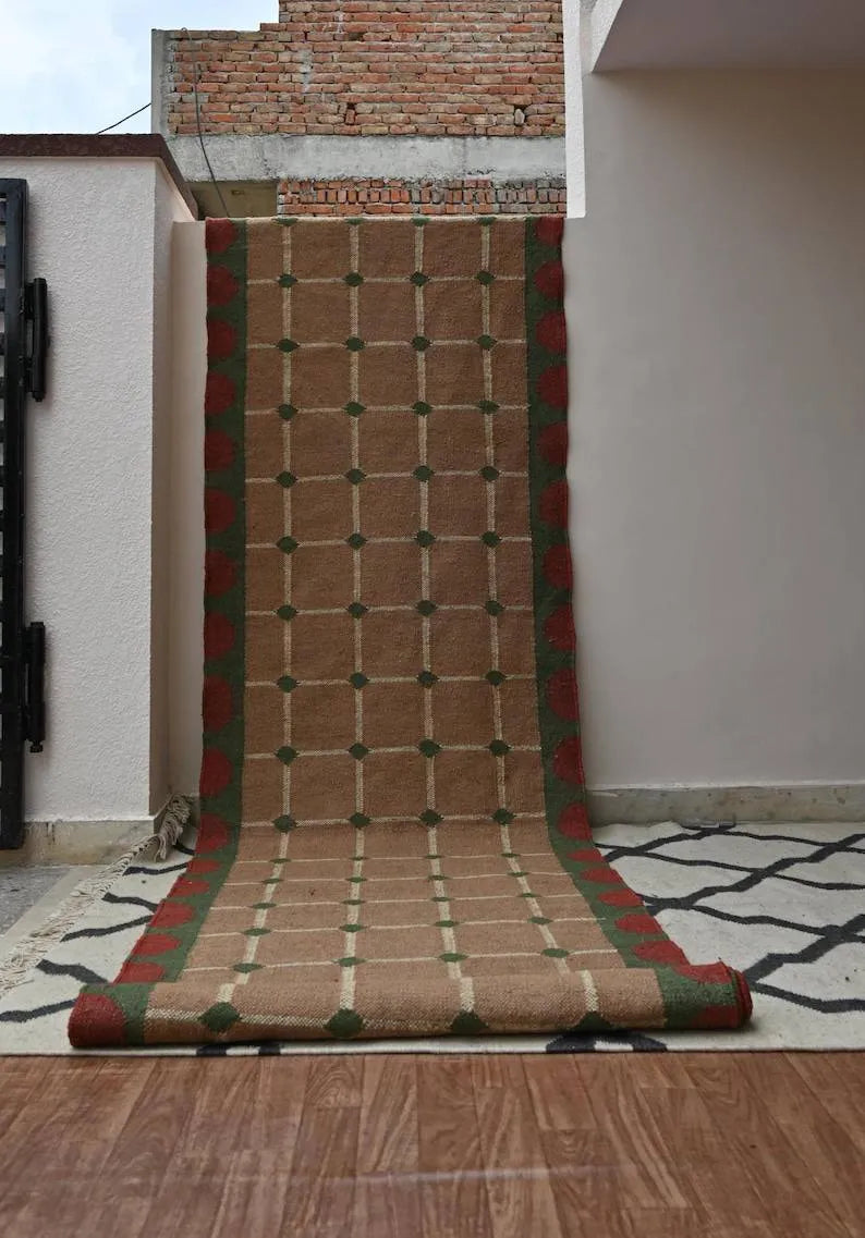 Handmade Grid Kilim Runner – Taupe with Green & Red