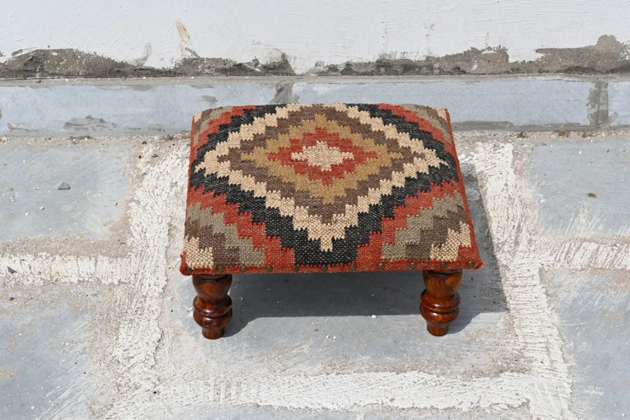 Southwestern Tribal Ottoman – Handmade Multicolor Kilim Accent Stool and Footrest