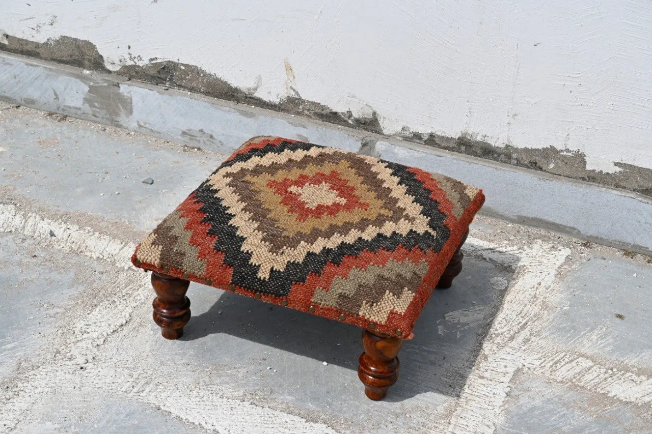 Southwestern Tribal Ottoman – Handmade Multicolor Kilim Accent Stool and Footrest