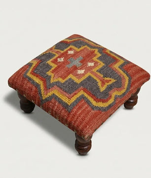 Southwestern Kilim Ottoman – Small Boho Footrest, 14 × 14 × 9 Inches