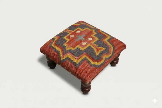 Southwestern Kilim Ottoman – Small Boho Footrest, 14 × 14 × 9 Inches