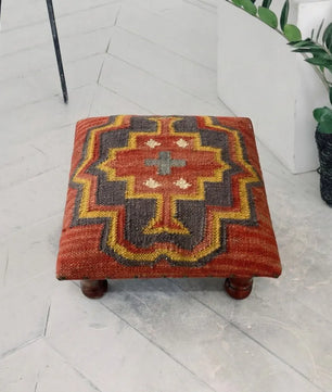 Southwestern Kilim Ottoman – Small Boho Footrest, 14 × 14 × 9 Inches