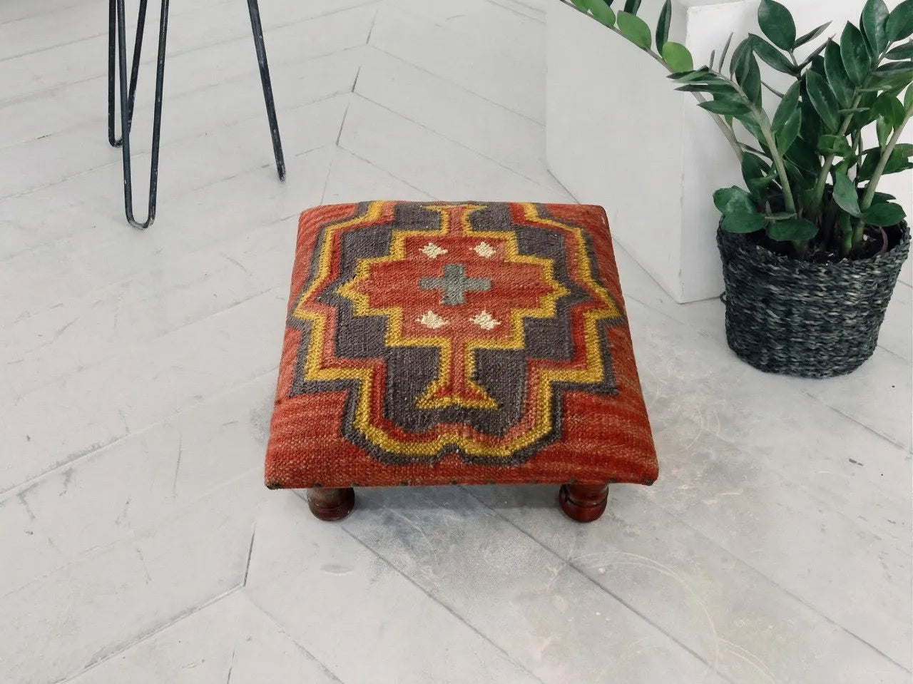 Southwestern Kilim Ottoman – Small Boho Footrest, 14 × 14 × 9 Inches