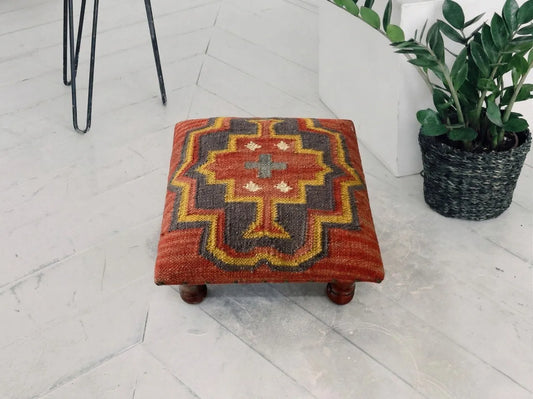 Southwestern Kilim Ottoman – Small Boho Footrest, 14 × 14 × 9 Inches