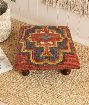 Southwestern Kilim Ottoman – Small Boho Footrest, 14 × 14 × 9 Inches