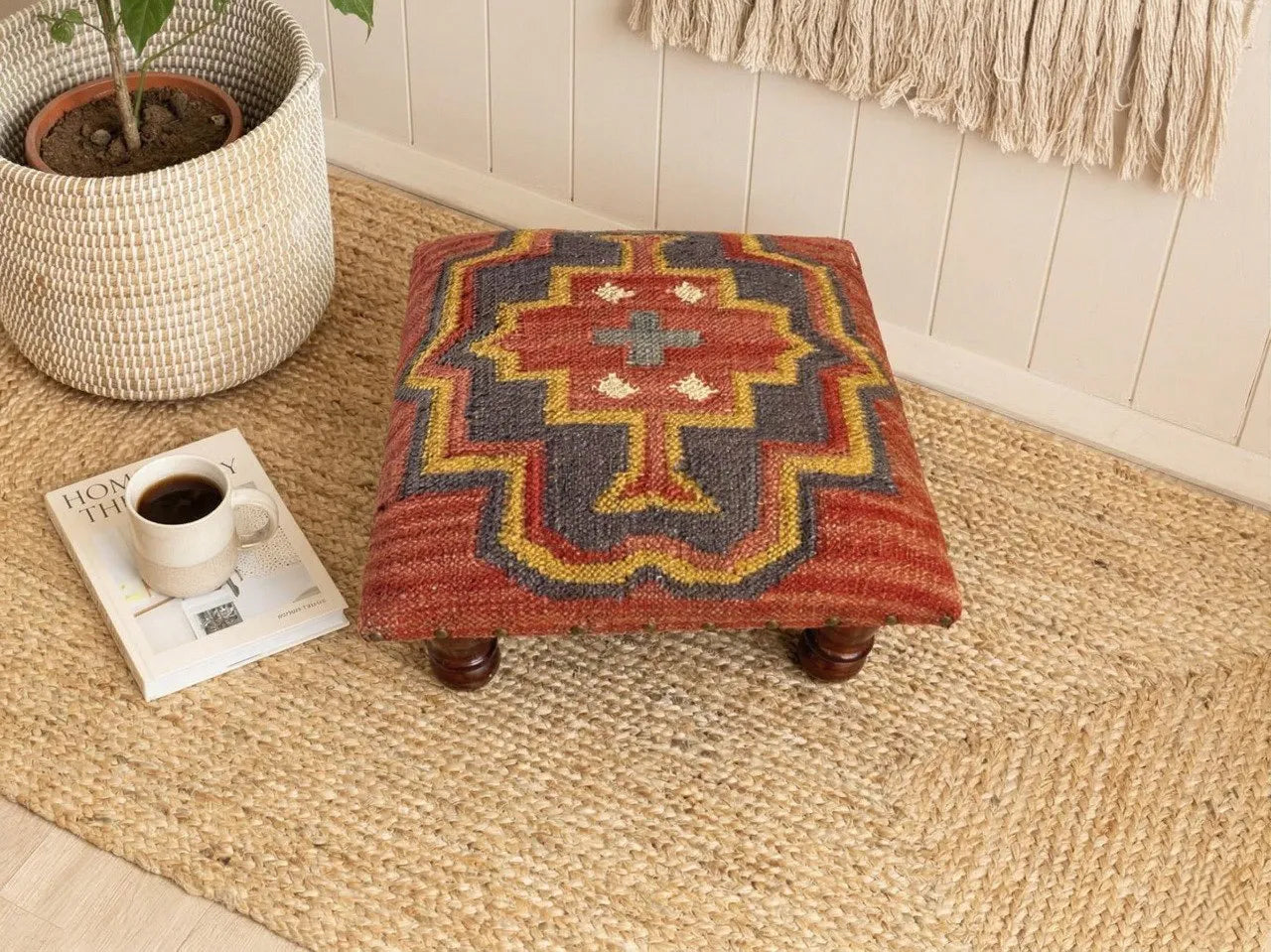 Southwestern Kilim Ottoman – Small Boho Footrest, 14 × 14 × 9 Inches