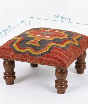 Southwestern Kilim Ottoman – Small Boho Footrest, 14 × 14 × 9 Inches