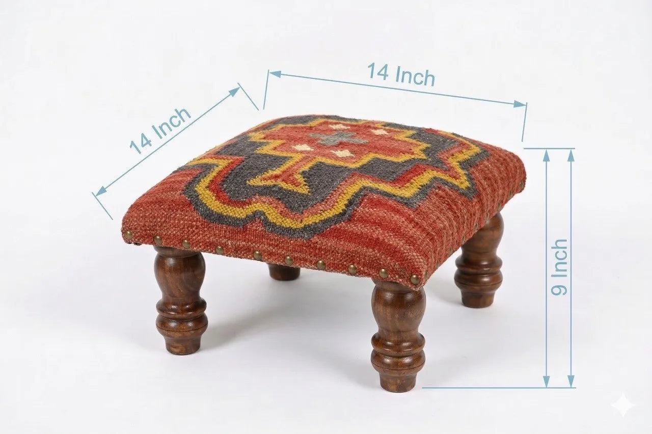 Southwestern Kilim Ottoman – Small Boho Footrest, 14 × 14 × 9 Inches